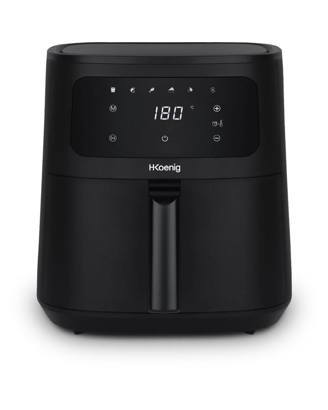 Hkoenig frituurmachine for home cooking, compact electric deep fryer with stainless steel finish and control panel.