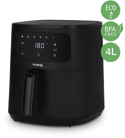 Hkoenig frituurmachine for home use, compact electric fryer with stainless steel body and digital control panel.