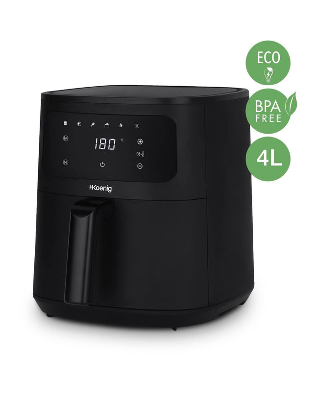 Hkoenig frituurmachine for home use, compact electric fryer with stainless steel body and digital control panel.