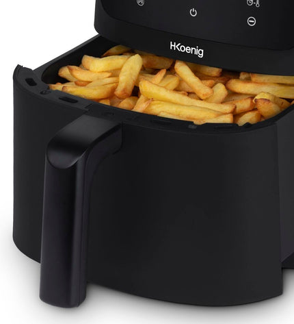 Hkoenig frituurmachine for home cooking, compact electric appliance with stainless steel body and control dial.