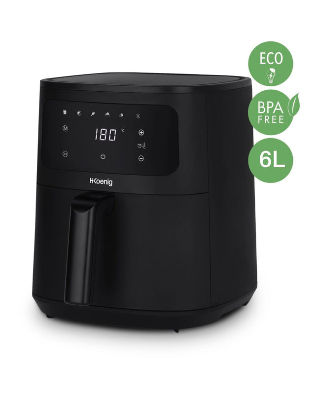 Hkoenig frituurmachine for home use, compact electric fryer with stainless steel design and control dial for quick frying.