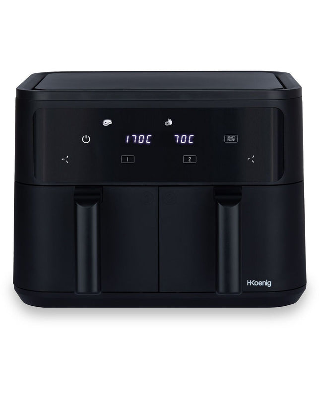 Hkoenig frituurmachine for home cooking, compact electric deep fryer with stainless steel body and control dial.