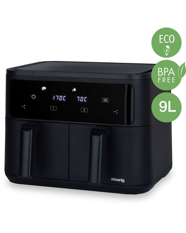 Hkoenig frituurmachine for home use, compact electric fryer with stainless steel exterior and control knob.