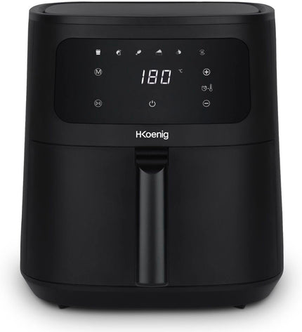 Hkoenig frituurmachine for home cooking, compact electric deep fryer with stainless steel exterior and control knob.