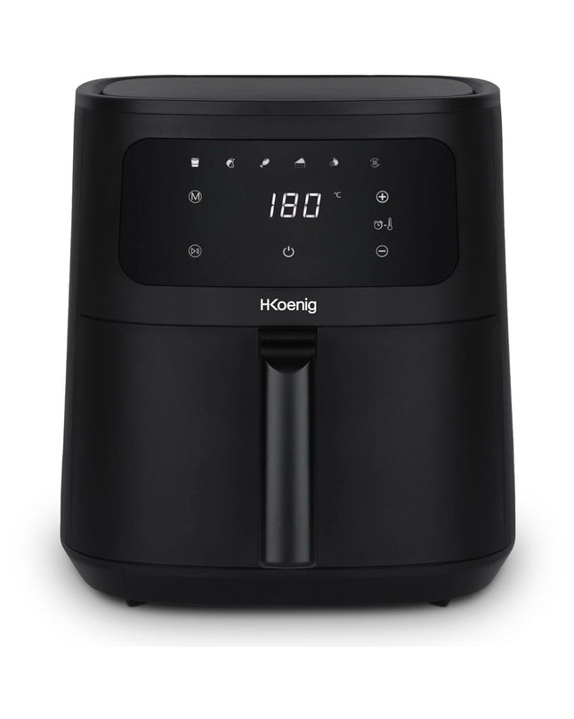 Hkoenig frituurmachine for home cooking, compact electric deep fryer with stainless steel exterior and control knob.