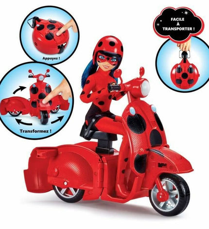 Miraculous Tales of Ladybug & Cat Noir action figure set featuring a motorcycle toy for kids' play and collection.