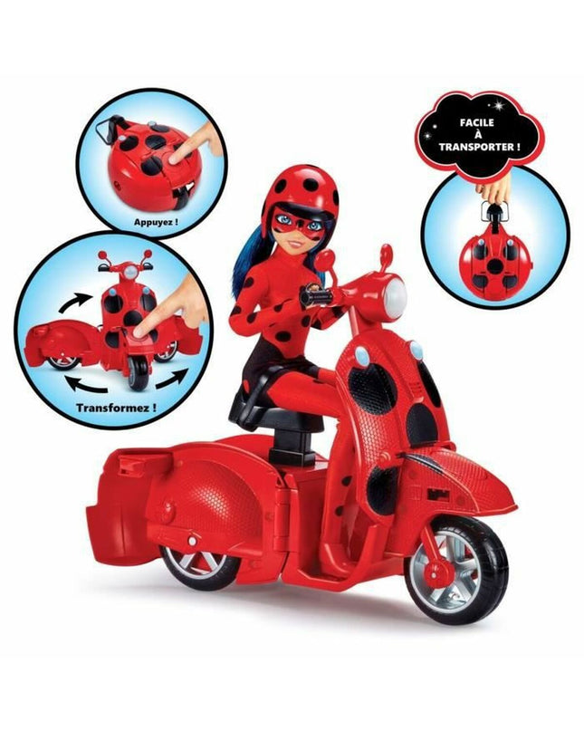 Miraculous Tales of Ladybug & Cat Noir action figure set featuring a motorcycle toy for kids' play and collection.