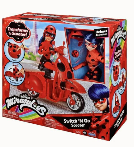 Miraculous Tales of Ladybug & Cat Noir motorbike toy with action figures of Ladybug and Cat Noir on a detailed motorcycle.