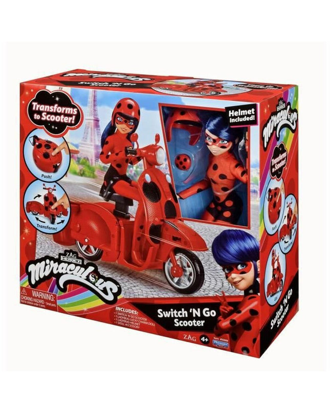Miraculous Tales of Ladybug & Cat Noir motorbike toy with action figures of Ladybug and Cat Noir on a detailed motorcycle.