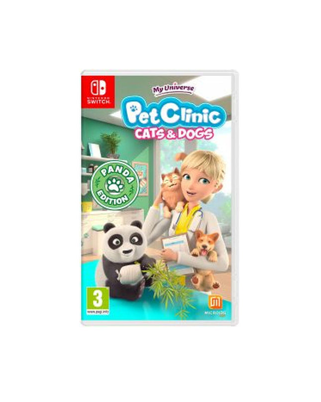 Microids My Universe: PetClinic Cats & Dogs Panda Edition Switch video game cartridge for electronic plug-and-play console.