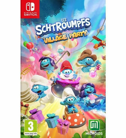 Microids Les Schtroumpfs Village Party Switch video game cartridge for plug and play consoles, featuring Smurfs characters on the label.
