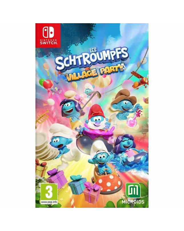 Microids Les Schtroumpfs Village Party Switch video game cartridge for plug and play consoles, featuring Smurfs characters on the label.