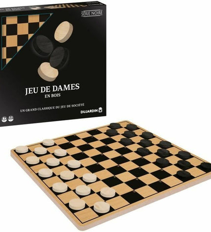Dujardin Bordspel with colorful game pieces and cards on a wooden table, suitable for family and friends' game night.