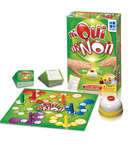 Megableu Ni Oui Ni Non game with colorful cards and game pieces on a table, fun party toy for kids and families.