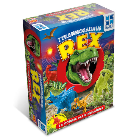 Megableu King Tyrannosaurus toy game with colorful dinosaur figure and game components on a white background.