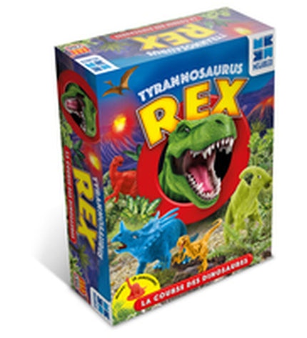 Megableu King Tyrannosaure board game featuring T-Rex figurine and colorful game pieces on a game table.