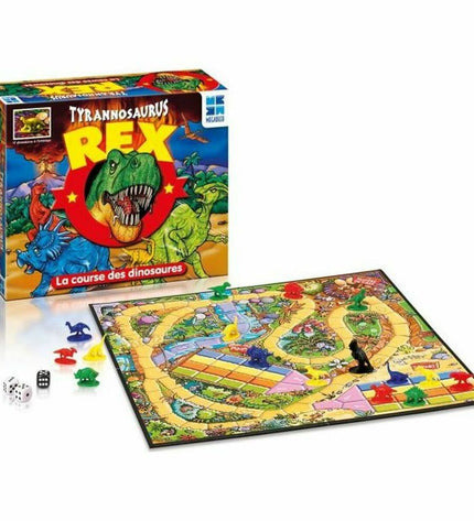 Megableu King Tyrannosaure board game toy with colorful dinosaur figures and game components on a playing surface.