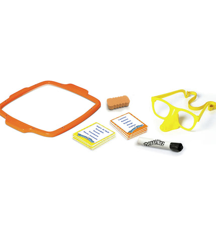 Megableu DESSINE drawing game with colorful game pieces and drawing sheets on a table, fun family game for kids and adults.