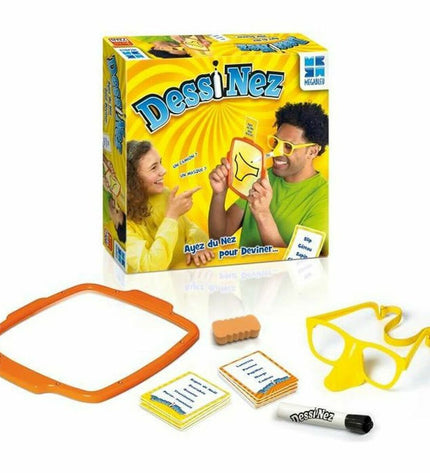 Megableu DESSINE drawing game with colorful game pieces and instruction cards on a table for family fun and creative play.