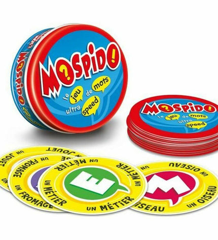 Megableu Mospido board game with colorful game pieces and packaging, designed for fun family and friends' gameplay.