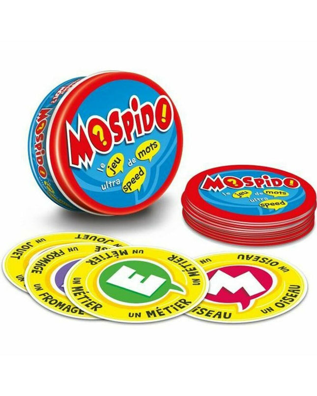 Megableu Mospido board game with colorful game pieces and packaging, designed for fun family and friends' gameplay.