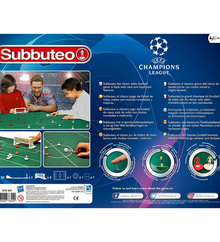 Megableu Subbuteo Champions League Edition tabletop soccer game with miniature players and game accessories.