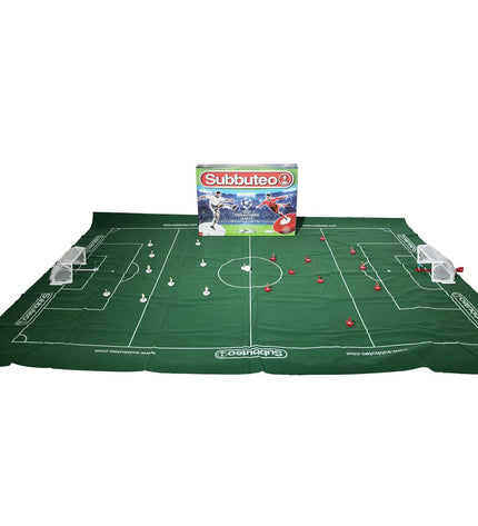 Megableu Subbuteo Champions League Edition tabletop soccer game with miniature players on a green field.