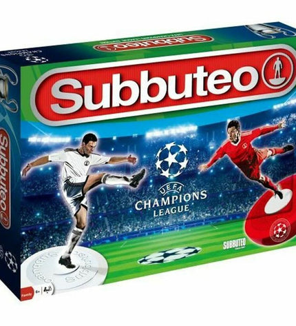 Megableu Subbuteo Champions League Edition tabletop football game with miniature players on a playing field.