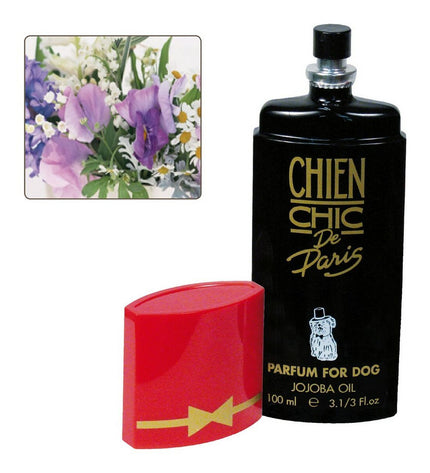 Chien Chic floral pet perfume bottle for dogs, 100 ml, elegant design, ideal for freshening up your furry friend.