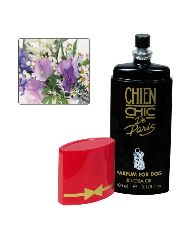Chien Chic floral pet perfume bottle for dogs, 100 ml, elegant design, ideal for freshening up your furry friend.