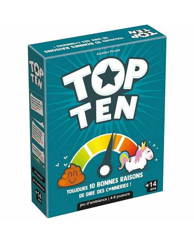 Asmodee Top Ten board game for family fun, featuring colorful cards and game components on a table.