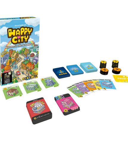 Asmodee Happy City board game with colorful game pieces and cityscape illustration, designed for family fun and strategic play.