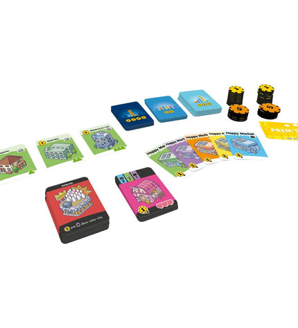 Asmodee Happy City board game with colorful game pieces and city-themed playing cards on a table.