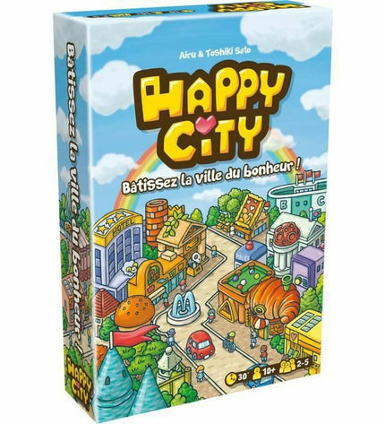 Asmodee Happy City board game with colorful city-building cards and game pieces on a table.