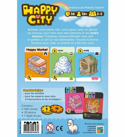 Asmodee Happy City board game with colorful game pieces and city-themed illustrations for family fun and strategic play.