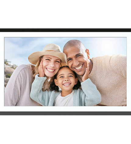 Agfa APF1560WIFI 15.6-inch digital photo frame displaying a slideshow of family images, Wi-Fi connectivity visible.