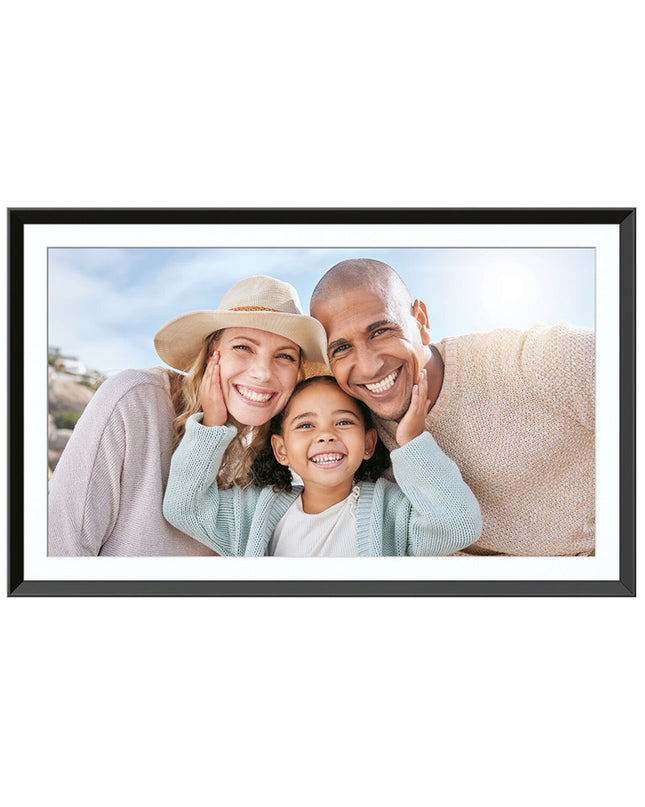 Agfa APF1560WIFI 15.6-inch digital photo frame displaying a slideshow of family images, Wi-Fi connectivity visible.