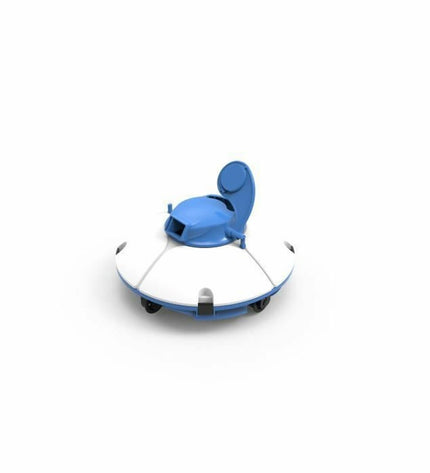 Bestway Frisbee automatische zwembadreiniger in tuin, geschikt voor zwembaden en jacuzzi's, met flexibele reinigingsborstel en handgreep.