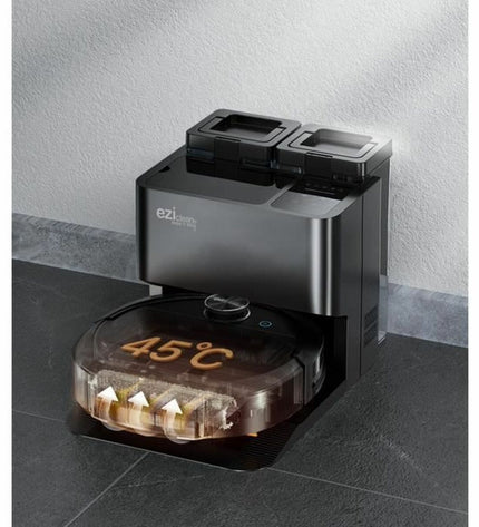 EZIclean All in One Z10 Plus robot vacuum cleaner with sleek design and sensors for efficient home cleaning.