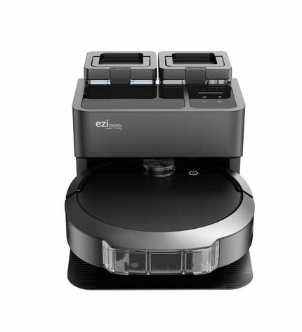 EZIclean All in One Z10 Plus robot vacuum cleaner on a hardwood floor, demonstrating its sleek design for home cleaning.