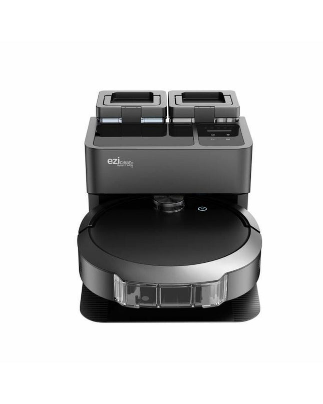 EZIclean All in One Z10 Plus robot vacuum cleaner on a hardwood floor, demonstrating its sleek design for home cleaning.