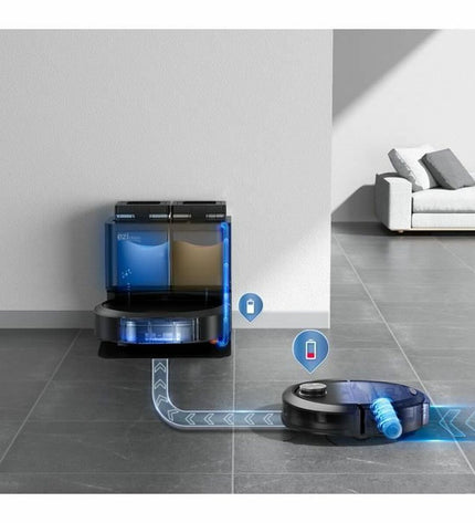 EZIclean All-in-One Z10 Plus robot vacuum cleaner cleaning hardwood floor with dustbin and sensors, in a modern home setting.