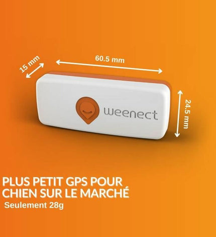 Weenect XS GPS dog tracker in white, compact device for anti-theft and pet location tracking, with a sleek design.