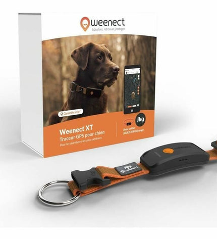 Weenect Orange anti-diefstal zoekapparaat voor honden, zwart en oranje, met sleutelclip en GPS tracking functionaliteit.