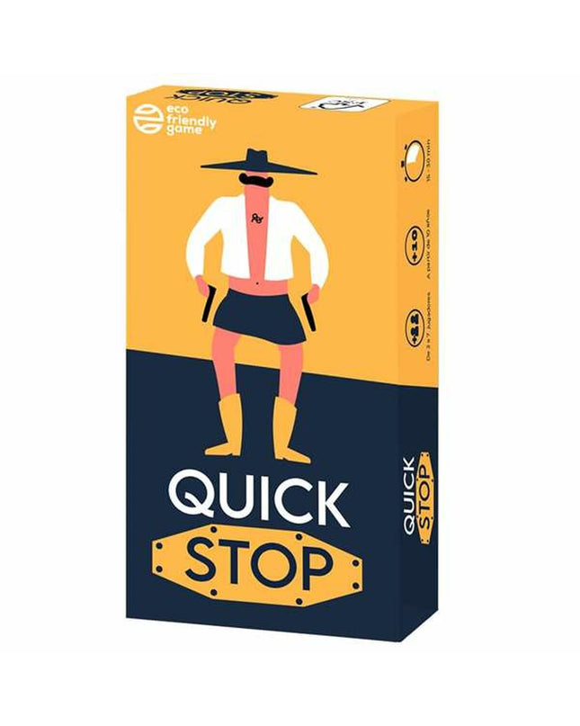 Asmodee Quick Stop board game with colorful cards and game pieces on a table, suitable for family and party gaming.