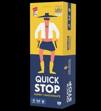 Asmodee Quick Stop board game with colorful game pieces and cards laid out on a table for fun gameplay.