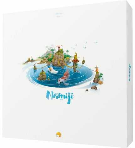 Asmodee Namiji board game with colorful illustrated game box and game pieces on a wooden surface.