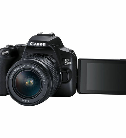 Canon Reflex Fotocamera with black body and lens attached, electronic photography and video camera, model 3454C003.