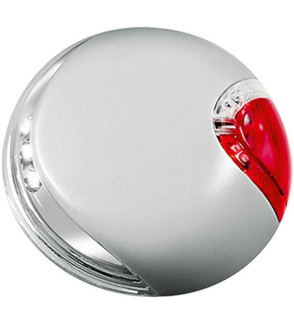 Flexi Grijs beveiligingslicht for dogs, showing a compact grey safety light attached to a dog collar, with a black strap and light button.