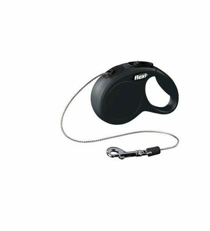 Black Flexi New Classic 8m dog leash for small dogs, durable retractable dog lead from Flexi, shown extended in the image.